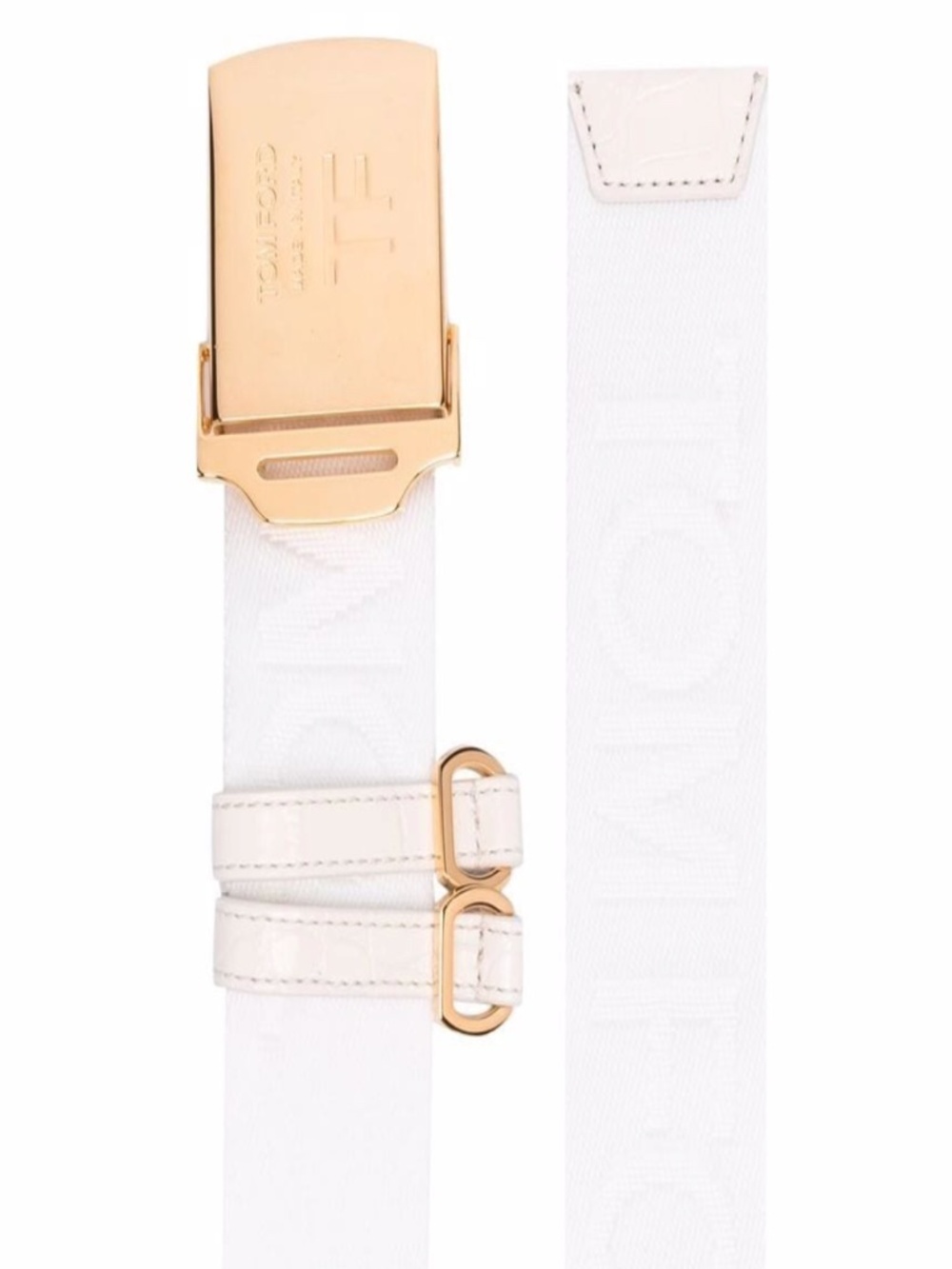 Tom Ford TF Logo Jacquard Chalk White Military Web Gold Buckle Croc Leather Belt